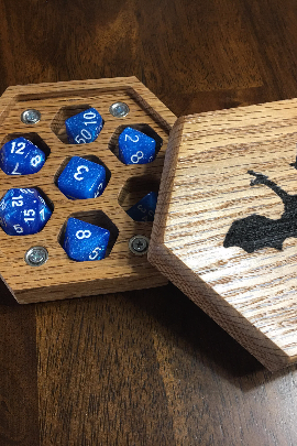 Hexagon Dice Box - Red Oak - With Dragon Engraving