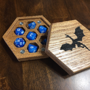 Hexagon Dice Box - Red Oak - With Dragon Engraving