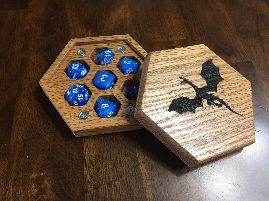 Hexagon Dice Box - Red Oak - With Dragon Engraving
